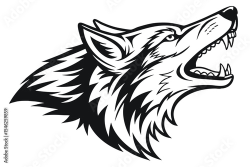 Isolated black wolf head howls powerfully, its sharp teeth exposed in an aggressive vocalization
