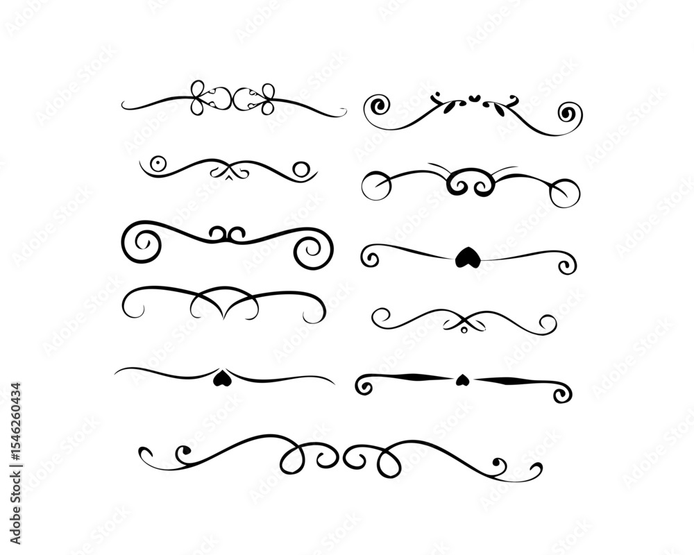Text dividers doodle set. Wedding decorative elements. Divider ornament, borders, vintage line separators. Hand drawn vector illustration isolated on white background Text dividers doodle set. Wedding decorative elements. Divider ornament, borders, vintage line separators. Hand drawn vector illustration isolated on white background