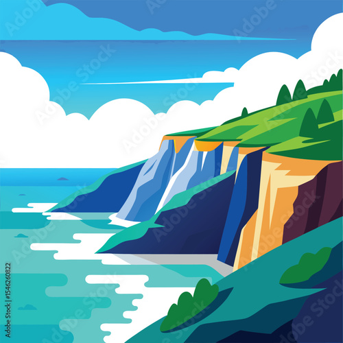 Vivid Coastal Cliffs Landscape Blue Sea, Green Grass, and Azure Sky Illustration