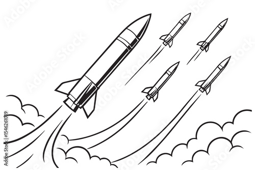 Vector drawing of several missiles launched into the sky, created in black and white with bold outlines and minimal atmospheric background elements.