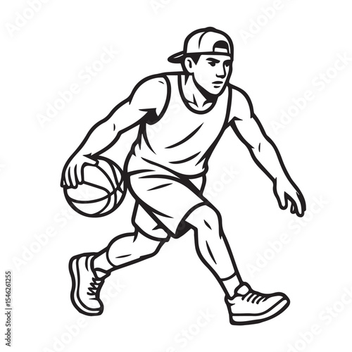 Black and white vector showing a male streetball player dribbling, drawn with thick black outlines and a strong, athletic pose in motion.