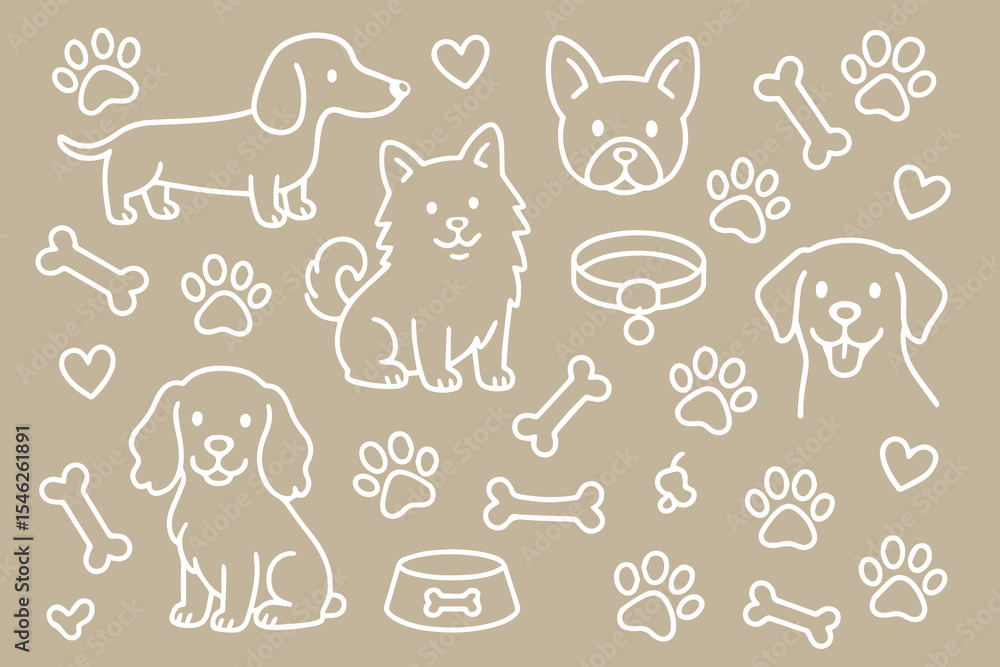 Vector background pattern with dog lover theme, illustrated in doodle style featuring paws, bones, collars, and happy dogs in playful hand drawn lines.
