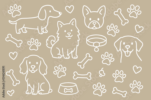 Vector background pattern with dog lover theme, illustrated in doodle style featuring paws, bones, collars, and happy dogs in playful hand drawn lines.