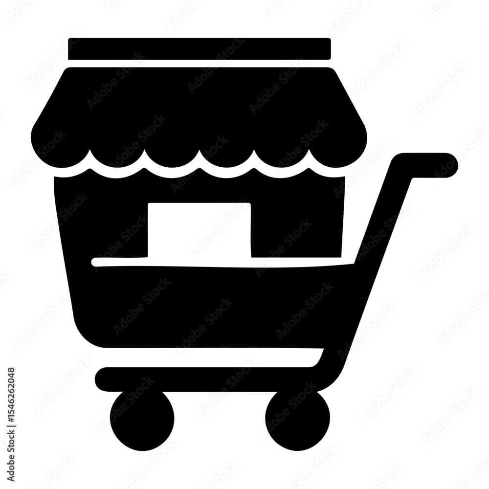 A black silhouette of a shopping cart with a store front on top representing online shopping on transparent background A black silhouette of a shopping cart with a store front on top representing online shopping on transparent background