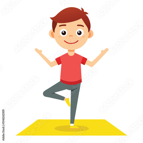 Young Boy Cartoon Practicing the Tree Yoga Pose on a Yellow Mat