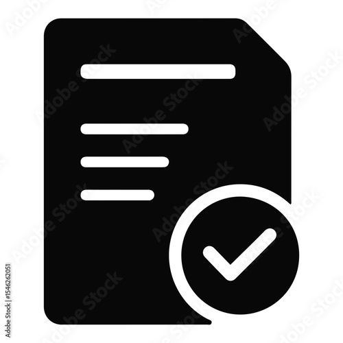 Black document with horizontal lines and a check mark indicating completion and approval on transparent background