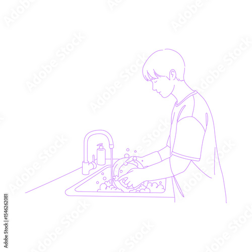 man washing dishes lineart illustration