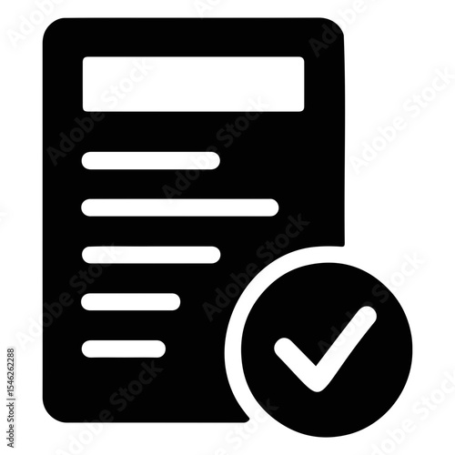 Document with checklist and checkmark indicating approval or completion in black and white on transparent background
