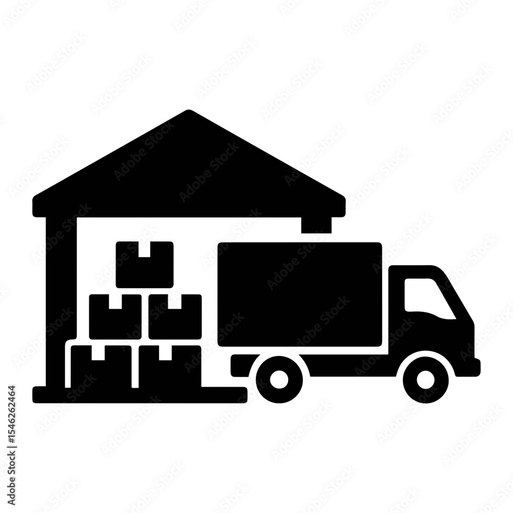 Black silhouette of a delivery truck next to a warehouse with stacked boxes inside shown on transparent background Black silhouette of a delivery truck next to a warehouse with stacked boxes inside shown on transparent background