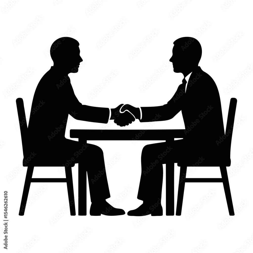 Obraz premium Silhouette of two businessmen shaking hands across a table in a business meeting setting on transparent background