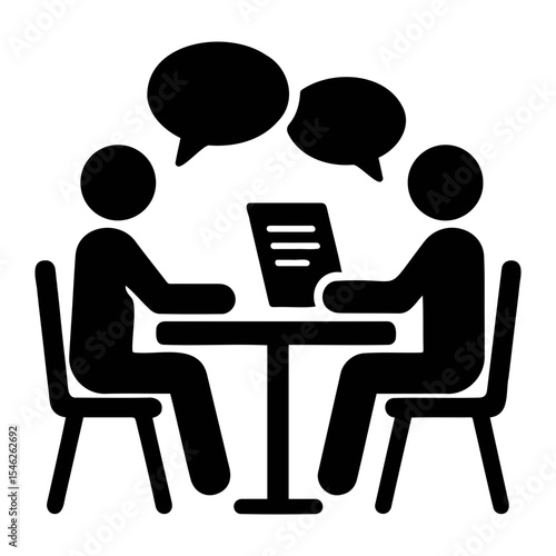 Two people sitting at a table with speech bubbles above their heads in black and white style on transparent background