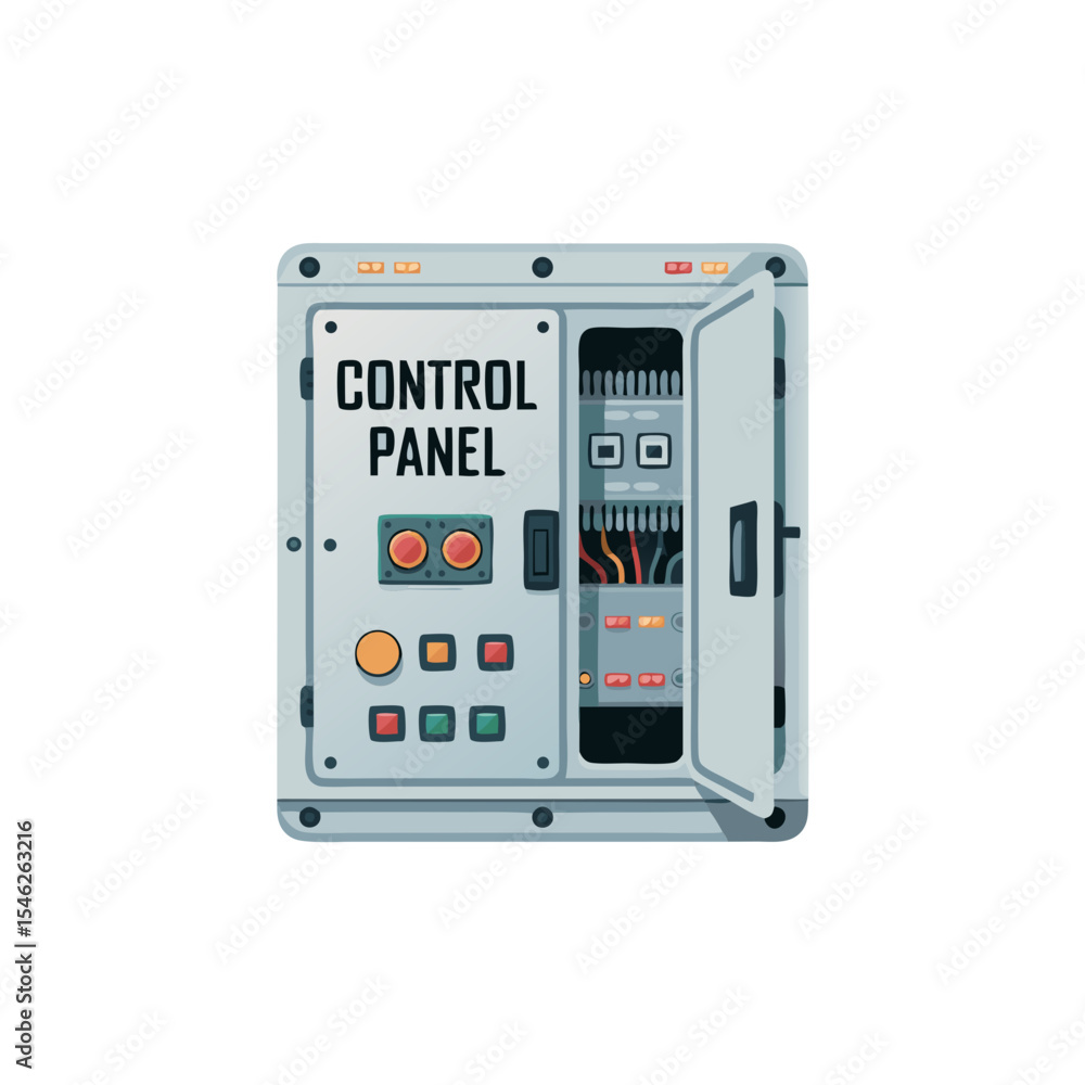 Fototapeta premium Vector illustration of industrial electrical panel with control buttons and open door, flat design, isolated object on transparent background