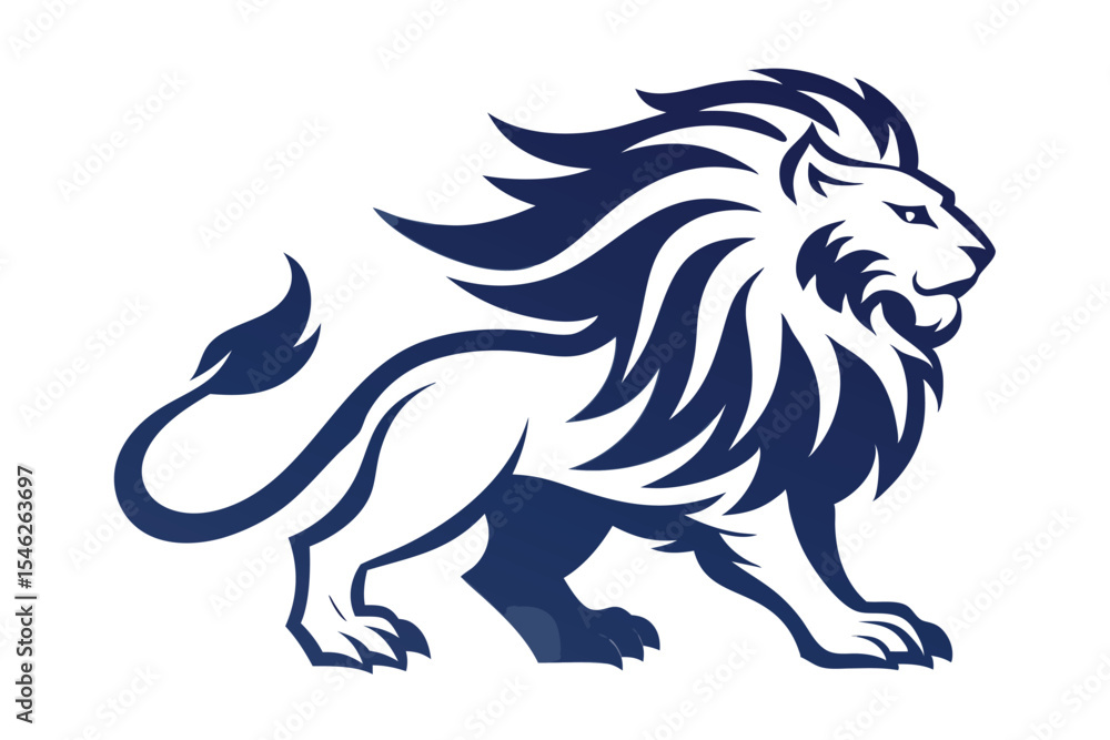 Majestic stylized lion displays bold navy outline and stands powerfully against a stark white background Majestic stylized lion displays bold navy outline and stands powerfully against a stark white background