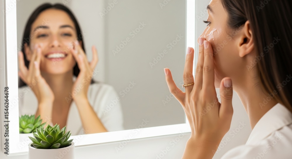 Woman applying face cream while smiling in front of mirror Woman applying face cream while smiling in front of mirror