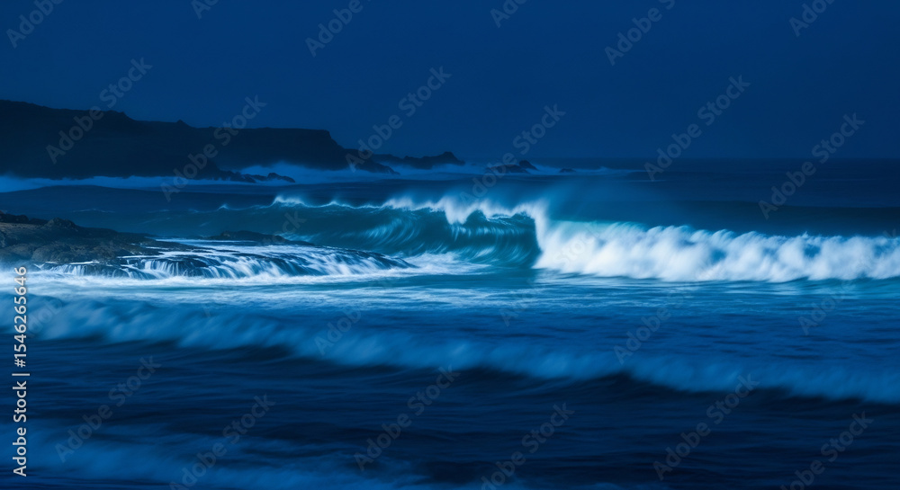 Fototapeta premium Waves crashing against rocky beach under cloudy sky