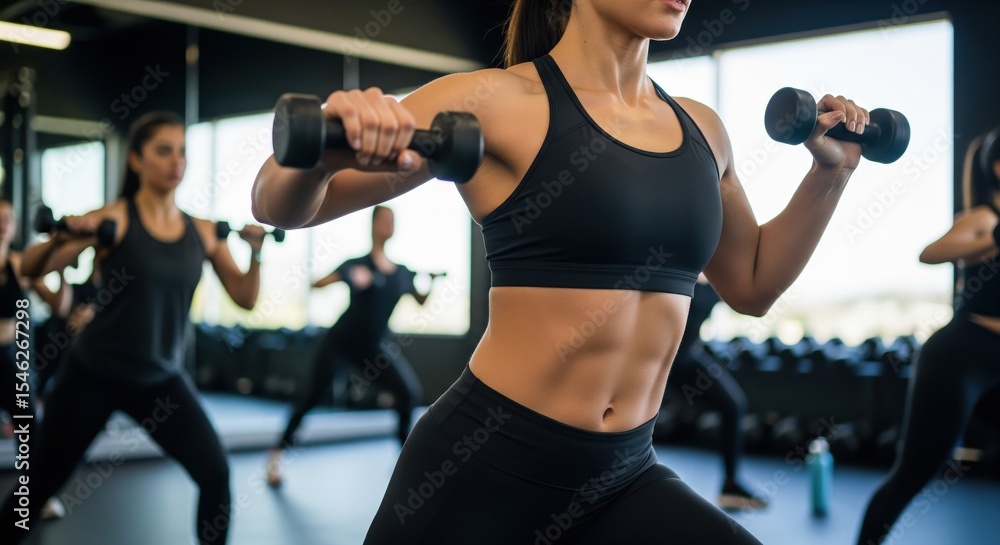 Women exercising with dumbbells in group fitness class indoors Women exercising with dumbbells in group fitness class indoors