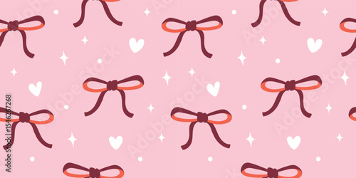 Coquette bows, hearts and stars seamless pattern. Wedding prints, gift wrapping design. Trendy girly background.
