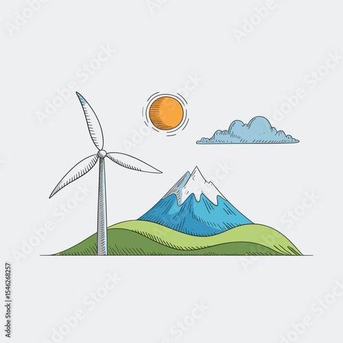 Renewable Energy Landscape with Wind Turbine and Mountain – Eco-Friendly Nature Illustration