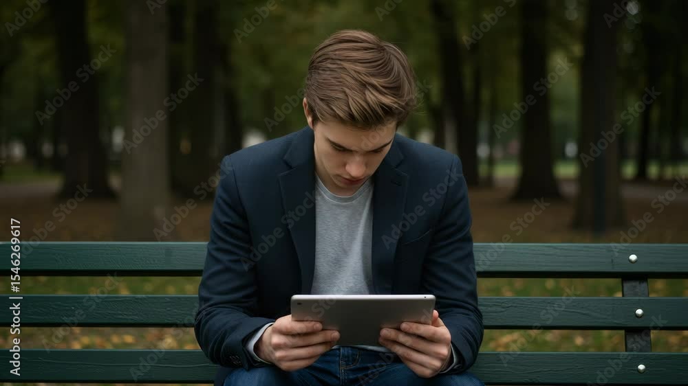 Young man received bad news reading on tablet in park Young man received bad news reading on tablet in park