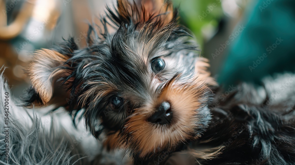 Naklejka premium Cute Yorkshire Terrier puppy with wet fur looking curiously at the camera, lying on a soft surface indoors.