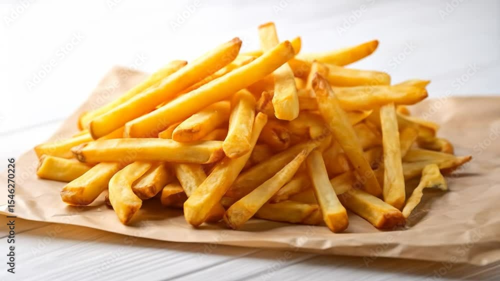 Delicious and Golden French Fries Piled High on Parchment Paper, Perfect for Food Photography Delicious and Golden French Fries Piled High on Parchment Paper, Perfect for Food Photography