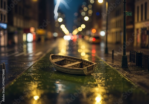 Fototapeta Naklejka Na Ścianę i Meble -  A small wooden boat in sour water, during bad weather, on the streets of New York, tilt-shift photography, At night