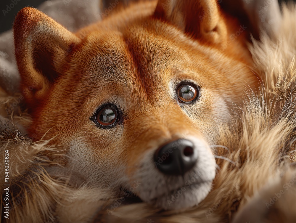 Obraz premium A Shiba Inu dog lies cozily in a blanket, gazing up with expressive, soulful eyes.