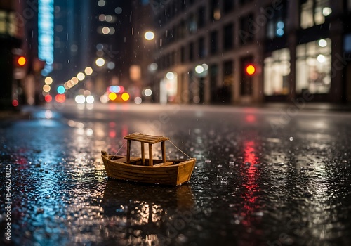 Fototapeta Naklejka Na Ścianę i Meble -  A small wooden boat in sour water, during bad weather, on the streets of New York, tilt-shift photography, At night