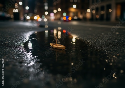Fototapeta Naklejka Na Ścianę i Meble -  A small wooden boat in sour water, during bad weather, on the streets of New York, tilt-shift photography, At night