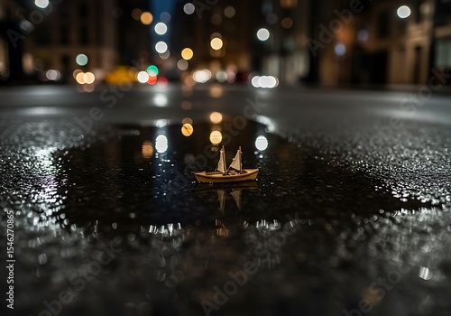 Fototapeta Naklejka Na Ścianę i Meble -  A small wooden boat in sour water, during bad weather, on the streets of New York, tilt-shift photography, At night
