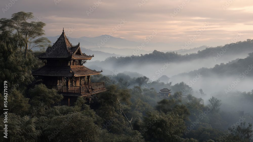 Fototapeta premium Traditional Asian Wooden House on Hilltop