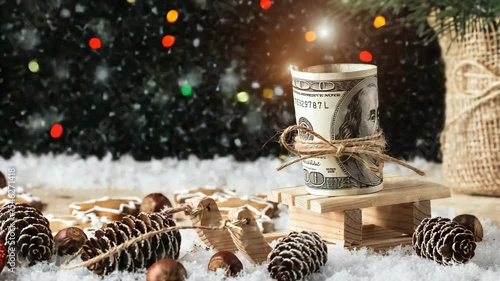 Christmas Composition. Money Christmas Gift and snowflakes on Wooden Table. Merry Christmas and New Year concept