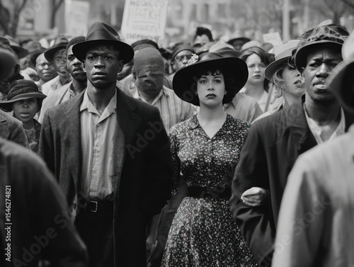 Black and white image of civil rights protestors marching for freedom and equality