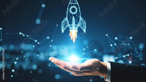 Concept of startup and creative ideas, Businessman holding a digital rocket