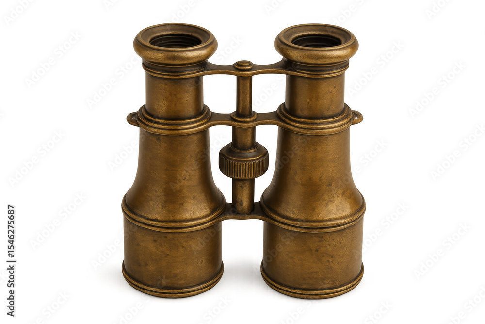 Fototapeta premium Vintage brass binoculars gleaming with patina, sitting prominently against white background, symbolizing historic nautical adventure and curiosity