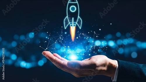 Holding innovation: A business hand presents digital startup rocket launching concept