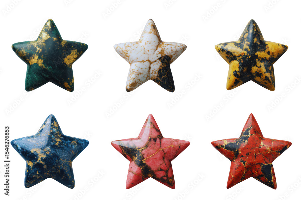 Six multicolored marble star shapes isolated on black stars gemstone collection Six multicolored marble star shapes isolated on black stars gemstone collection
