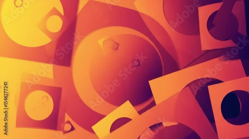 An abstract background filled with overlapping geometric shapes, including circles and polygons, in vibrant orange and red hues. Suitable for modern design, technology, or creative visual themes.
