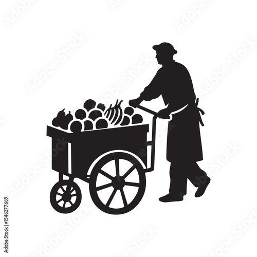 Silhouette of Fruit Vendor with Push Cart – Traditional Market Scene Vector in Black and White

