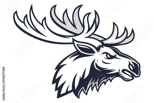 A mighty moose head gazes forward with imposing antlers and stylized fur