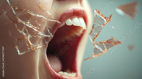 A mouth shouting with broken glass shards flying outward, symbolizing harsh or hurtful words.