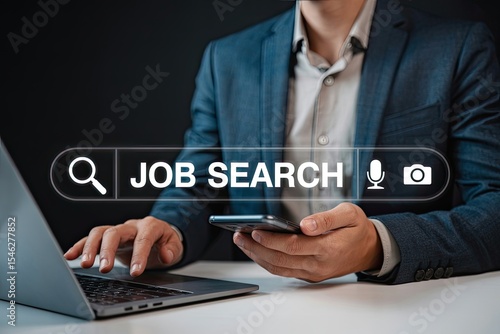 Businessman using laptop and smartphone for online job search