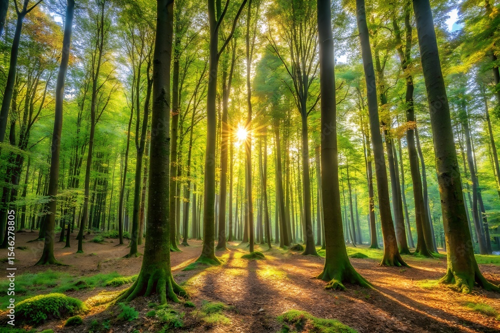Obraz premium Sunbeams Illuminate Lush Green Forest at Sunrise, Tranquil Nature Scene