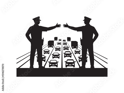 Traffic Police Directing Vehicles Silhouette – Urban Street Vector Art
