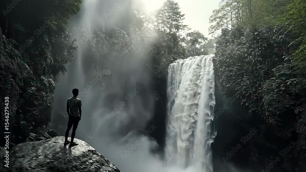 Person admires a powerful waterfall in a lush rainforest setting Person admires a powerful waterfall in a lush rainforest setting