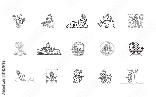 Line art illustrations set of lord krishna in various poses
 isolated on a white background