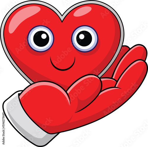 A charming cartoon illustration featuring a cheerful red heart with big eyes and a smile, gently held in a matching red hand with a white sleeve
