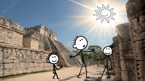 Stick Figure Family Walks Through Stone Ruins Under Smiling Sun on a Bright Day Perfect for Stock Video Footage