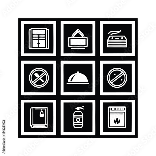 Black and White Icon Set for Hotel Services and Safety Measures