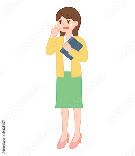 焦った表情の若手女性教師のイラスト（斜めver）/Surprised Young Female Teacher Illustration (Angled View)